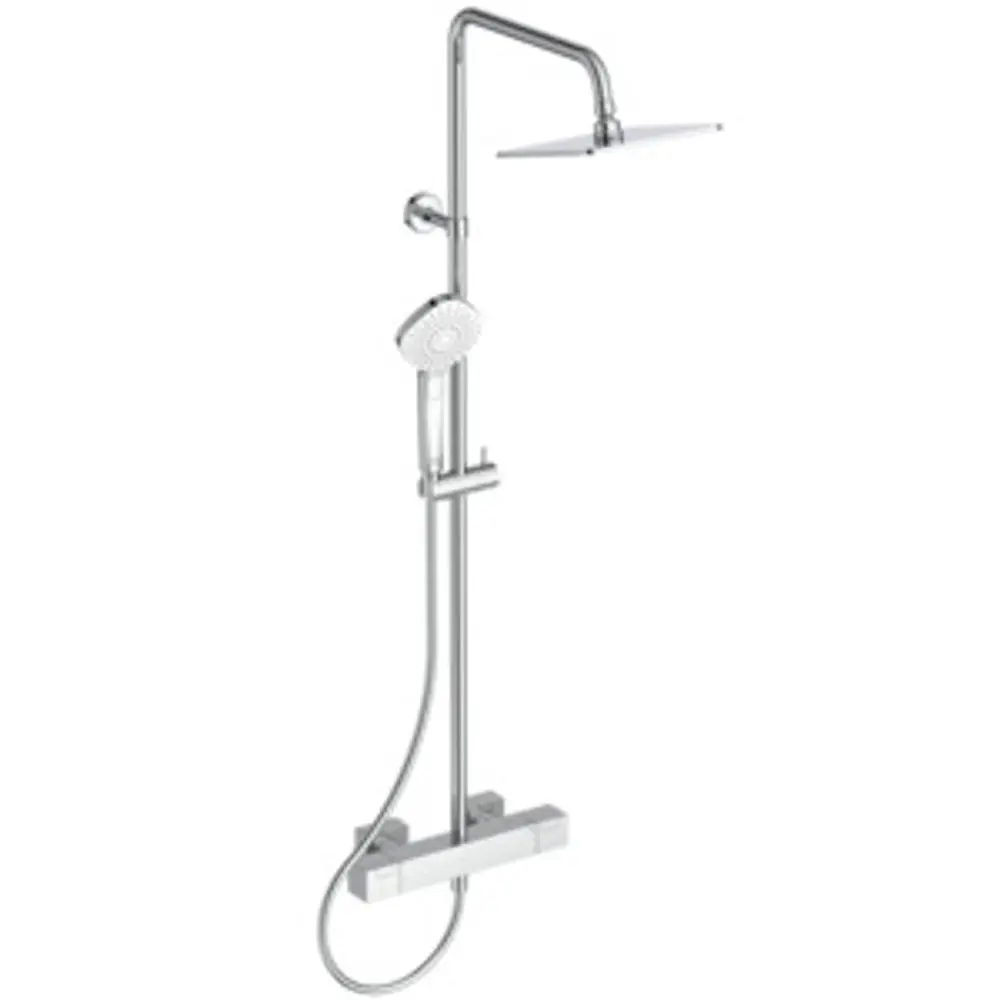 Duschsystem von Ideal Standard mit einer runden Brausestange und Quadratkopfbrause in Chromfinish. Enthält eine Hand-Duschkopf und ein flexibles Schlauchsystem.